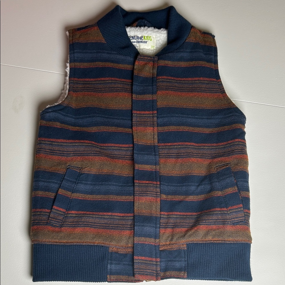 OshKosh Genuine Kids Winter Vest Toddler Size 3T Blue/Rust Color Sherpa Lining